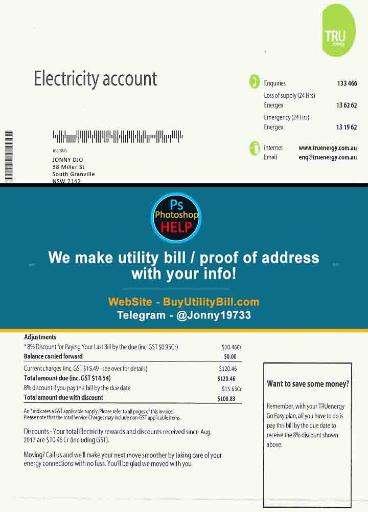 Australia TRU Electricity Utility Bill Sample